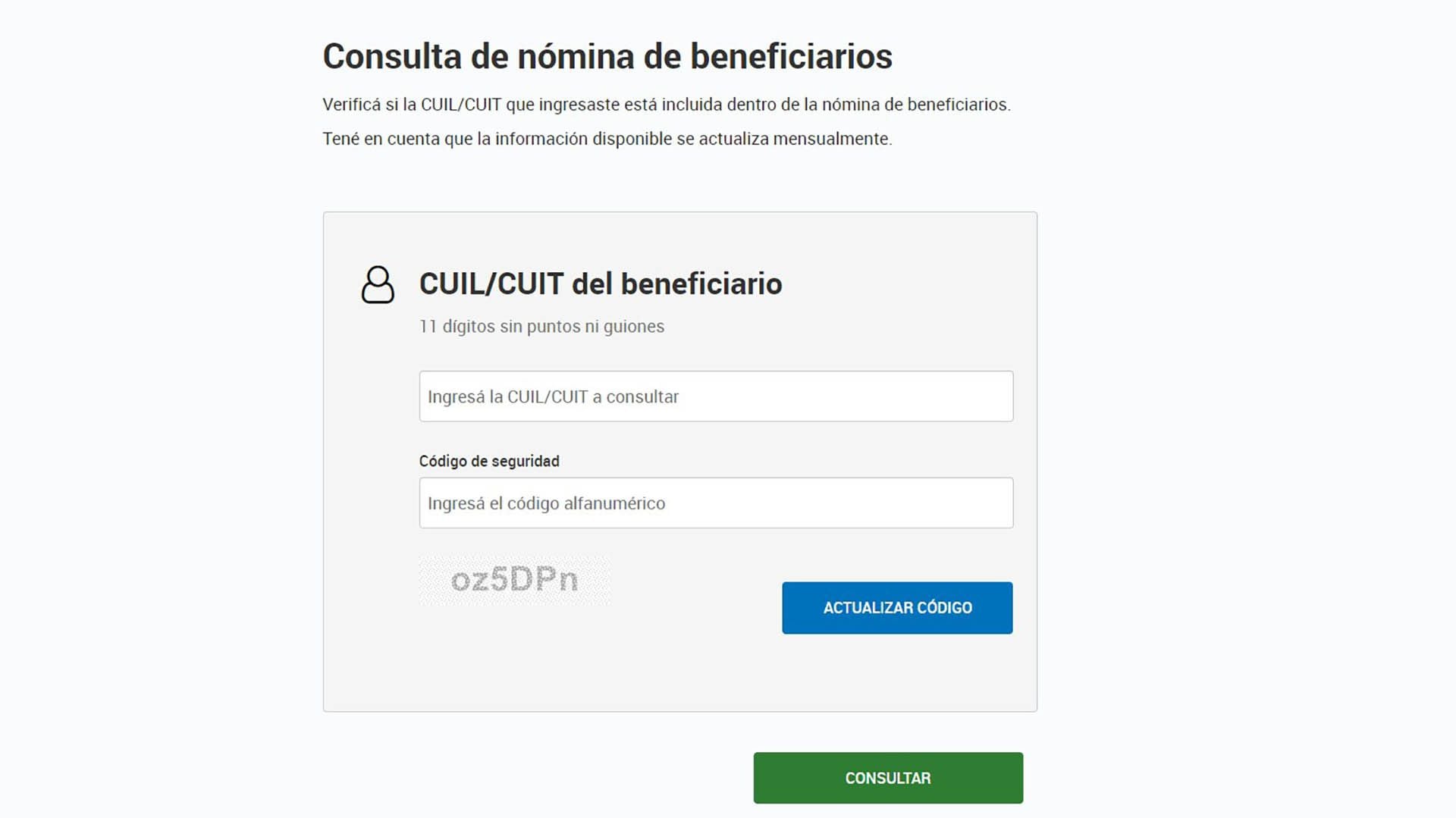 El formulario de AFIP que permite ingresar CUIT/CUIL para saber si se recibirá el reintegro