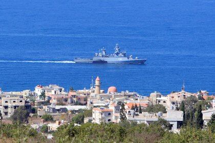 A UN naval ship is pictured off the Lebanese coast in the town of Naqoura, near the Lebanese-Israeli border, southern Lebanon October 14, 2020. REUTERS/Aziz Taher