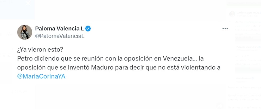 La senadora Poloma Valencia no pudo creer que Gustavo Petro se haya encontrado con la oposición de Venezuela  - crédito @PalomaValenciaL/X
