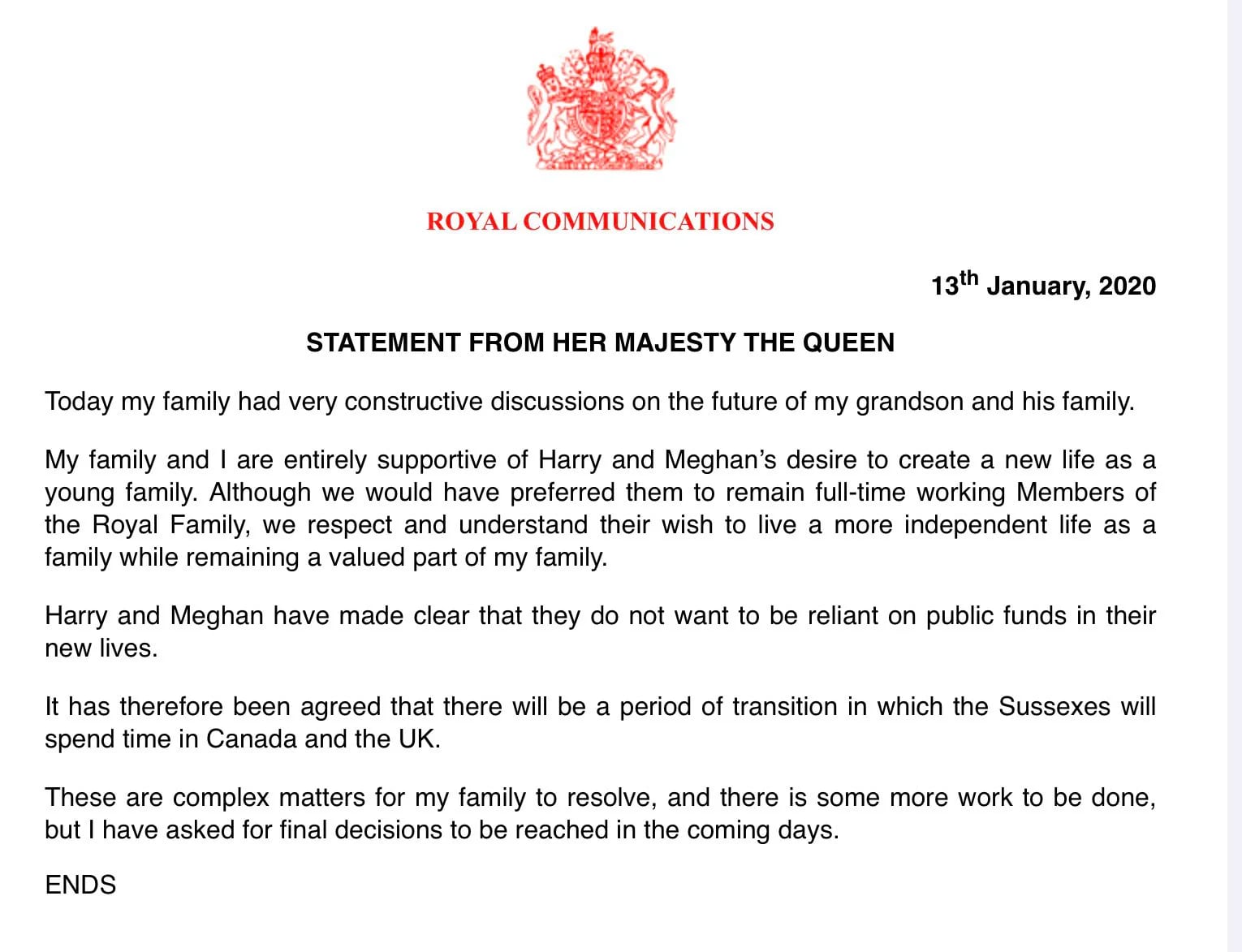 El comunicado del Palacio de Buckingham sobre la decisión de Harry y Meghan de renunciar a sus obligaciones como miembros de la realeza británica (Buckingham Palace)