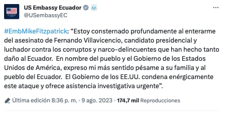 El embajador estadounidense en Ecuador resaltó las investigaciones de Villavicencio contra la corrupción.
