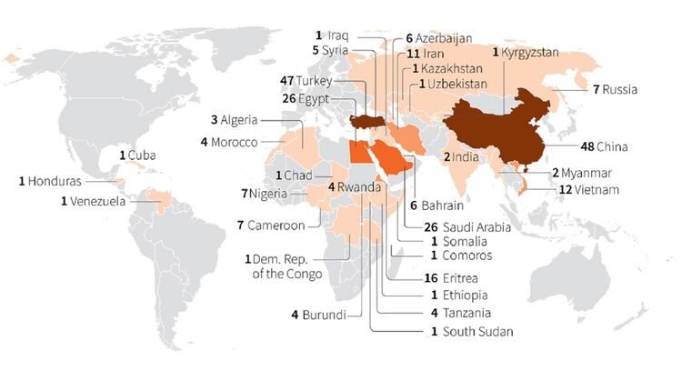 Periodistas presos en el mundo, en 2019 (Infografía: Reuters)