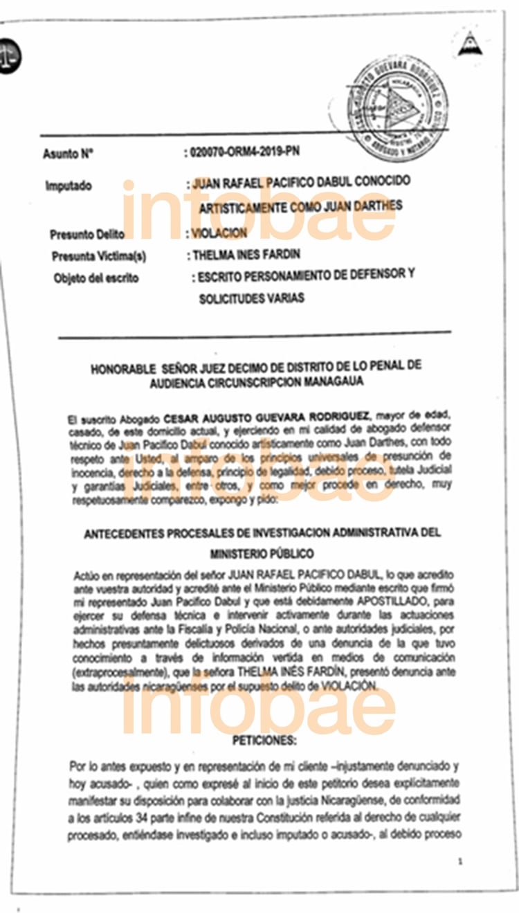 Carátula del escrito presentado por César Guevara, abogado defensor de Juan Darthés, ante la justicia de Nicaragua.