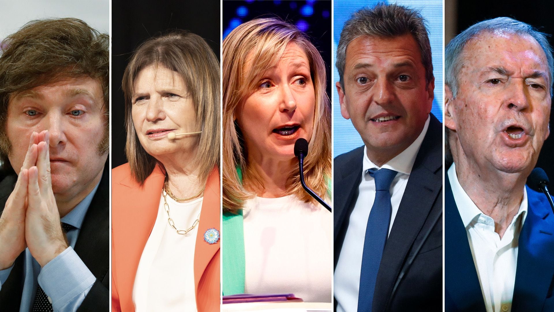 Javier Milei, Patricia Bullrich, Myriam Bregman, Sergio Massa y Juan Schiaretti, los cinco candidatos a presidente de la Nación.