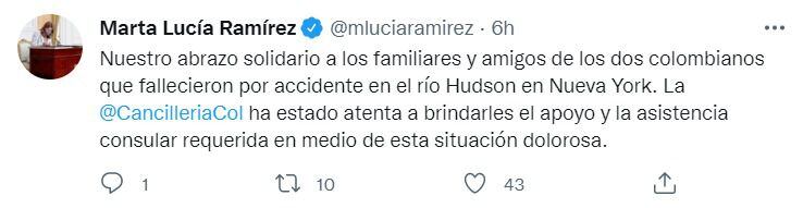 Trino de Marta Lucía Ramírez en el que expresa el apoyo a los colombianos víctimas del accidente en el río Hudson. FOTO: Twitter.