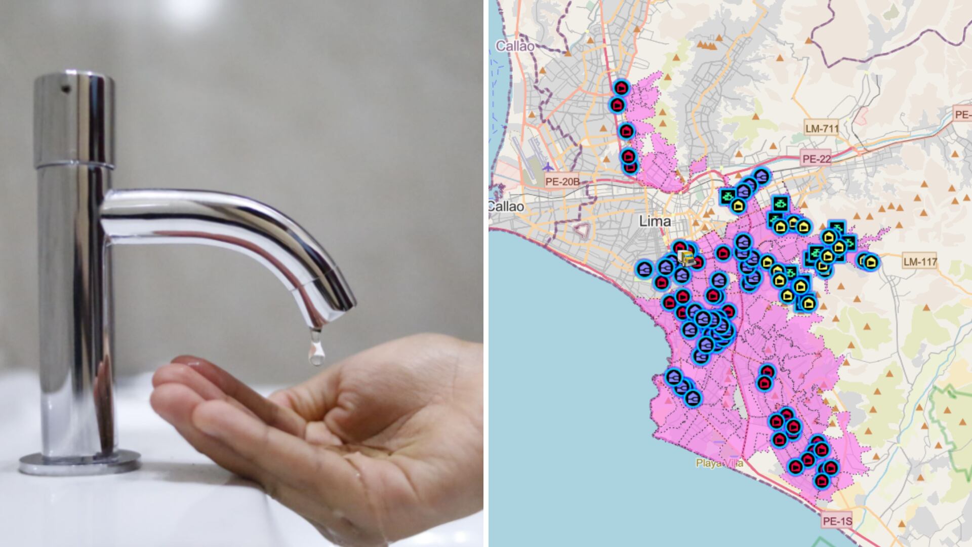 Una persona pone su mano debajo de un caño que no tiene agua. En la otra imagen se ve el mapa de cortes de agua programado para Lima, en septiembre del 2023.