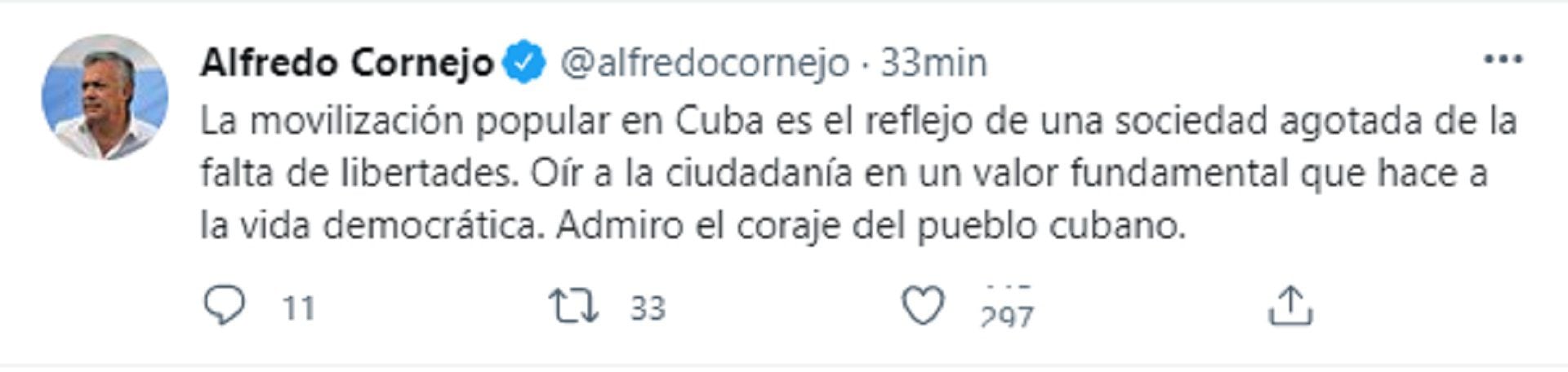 Cornejo resaltó el "coraje" de los cubanos (Twitter)