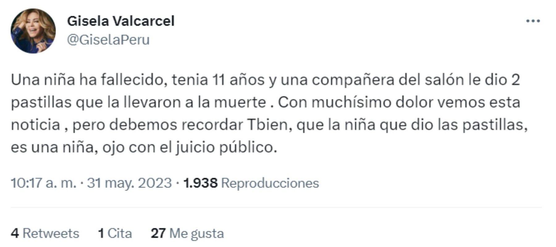 Gisela Valcárcel lamenta muerte de niña por 'reto de la pastilla'. (Twitter)