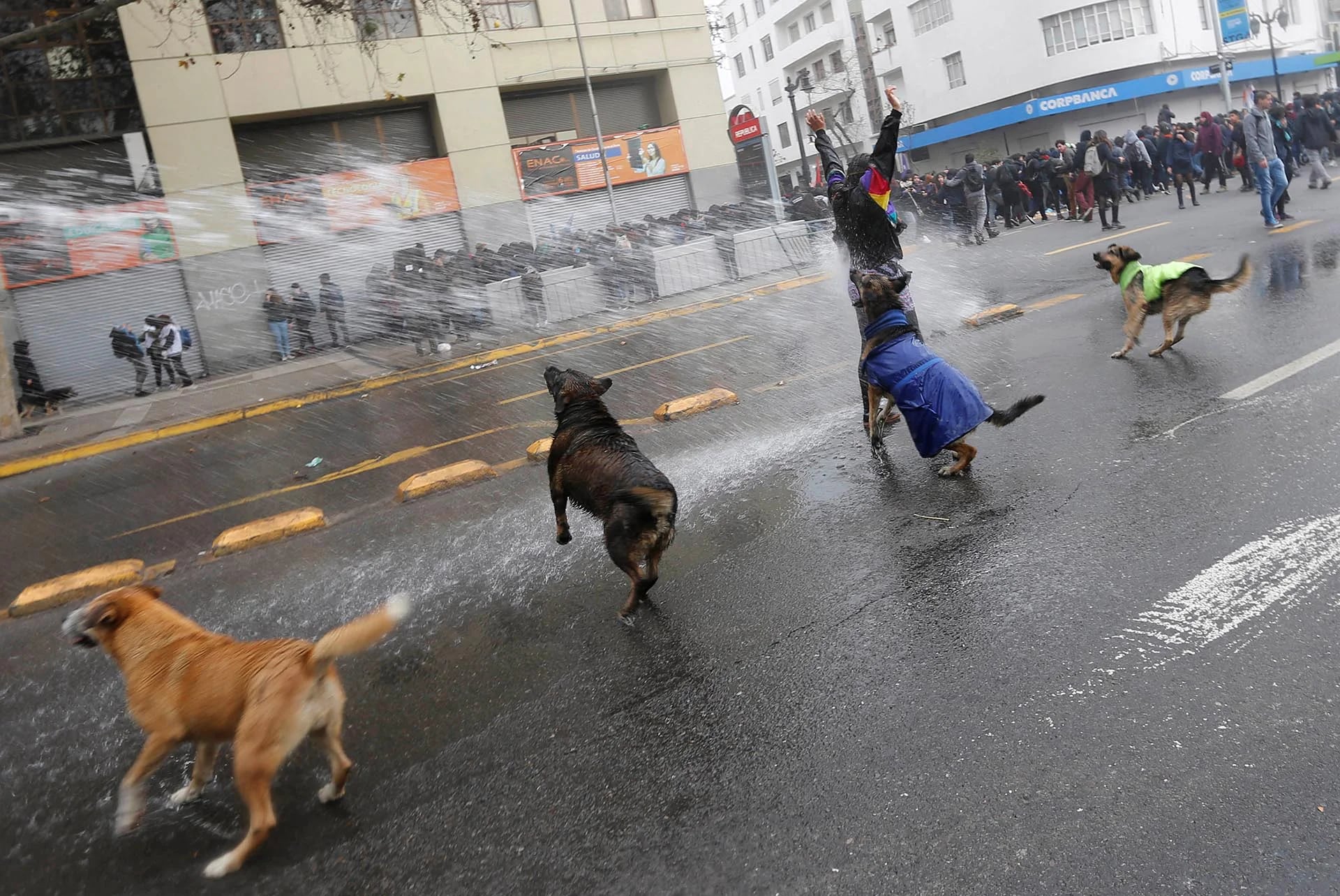 Un manifestante es rociado por un cañón de agua de la policía antidisturbios durante una protesta convocada por los estudiantes en Santiago de Chile para exigir mejoras al sistema de educación superior