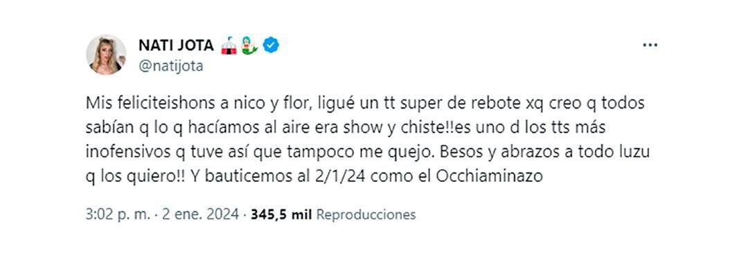 Nati Jota se refirió al romance de Nico Occhiato y Flor Jazmín Peña (X)