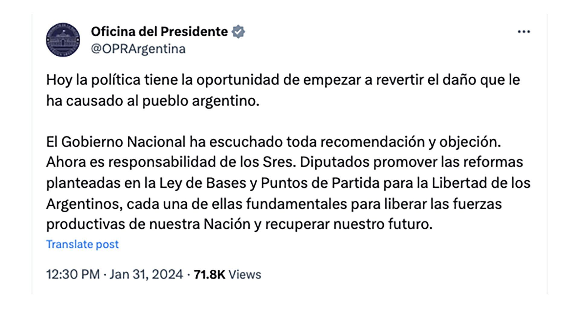 Mensaje Oficina del Presidente durante el debate de la ley ómnibus