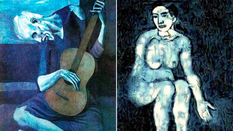 A la derecha, el cuadro que hizo la inteligencia artificial para recrear los trazos que se identificaron detrás del famoso cuadro “El viejo guitarrista ciego” de Picasso, que está a la izquierda