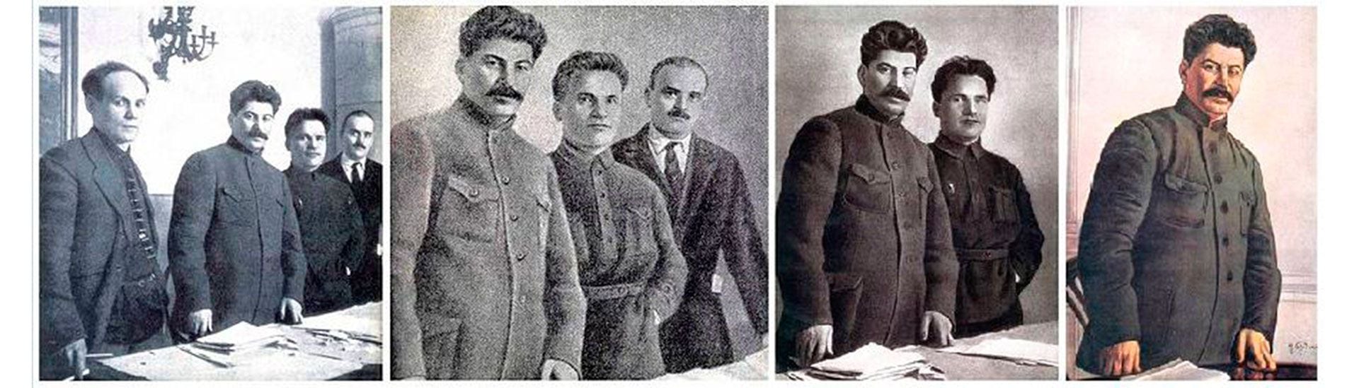 En la foto original, de izquierda a derecha, Nikolai Antipov (antiguo Comisario del Pueblo para Correos y Telégrafos de la URSS), Joseph Stalin, Sergei Kirov y Nikolai Shvernik. Cada uno de los integrantes de la foto original fue eliminado a medida que caía en desgracia. Wikimedia Commons
