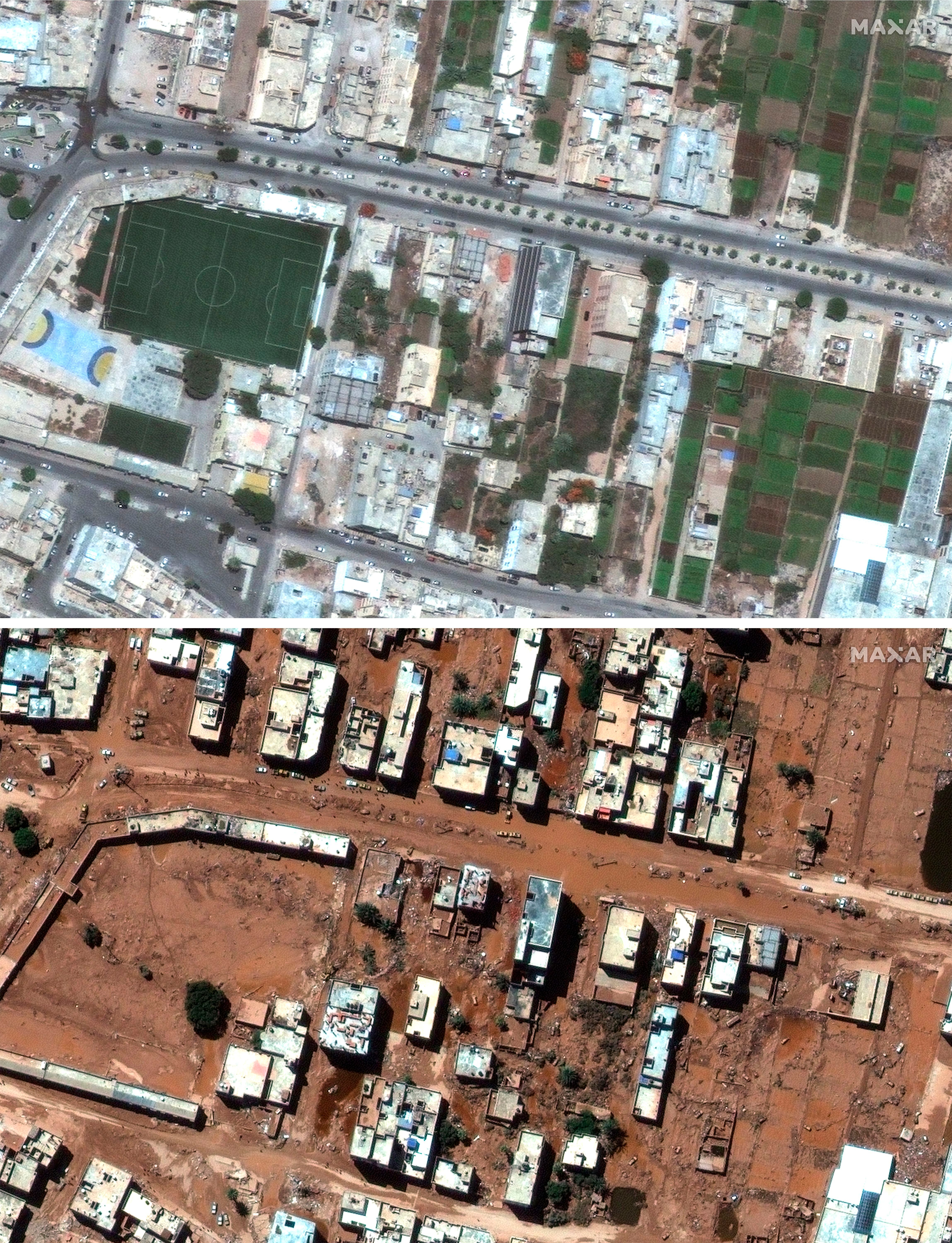 Sopra, un quartiere della città libica di Derna, il 1 luglio 2023, e sotto, la stessa zona mercoledì 13 settembre 2023 (Immagine satellitare © 2023 Maxar Technologies via AP)