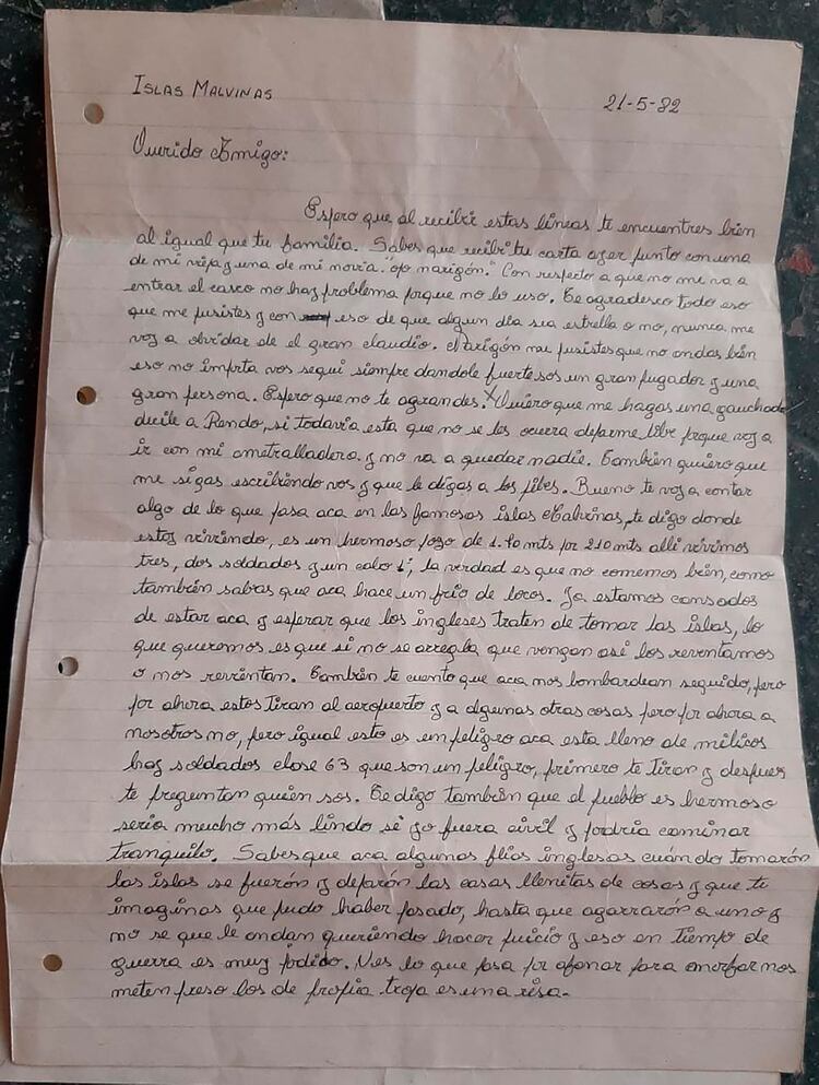 La carta que De Felippe le mandó a Claudio Morresi mientras combatió en Malvinas, donde le cuenta sus sensaciones y le agradece haberse preocupado por su suerte (ver transcripción al final de la nota)