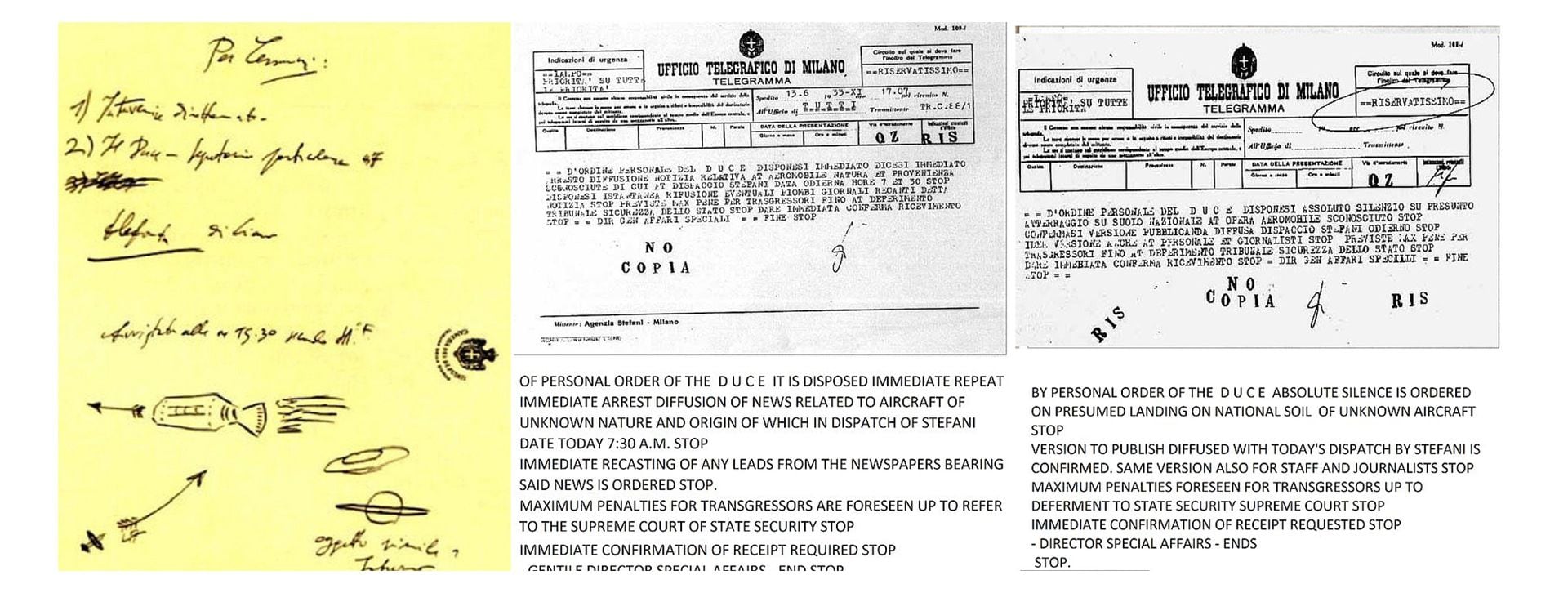 Dos de los telegramas y un boceto con la descripción de la aeronave cilíndrica 