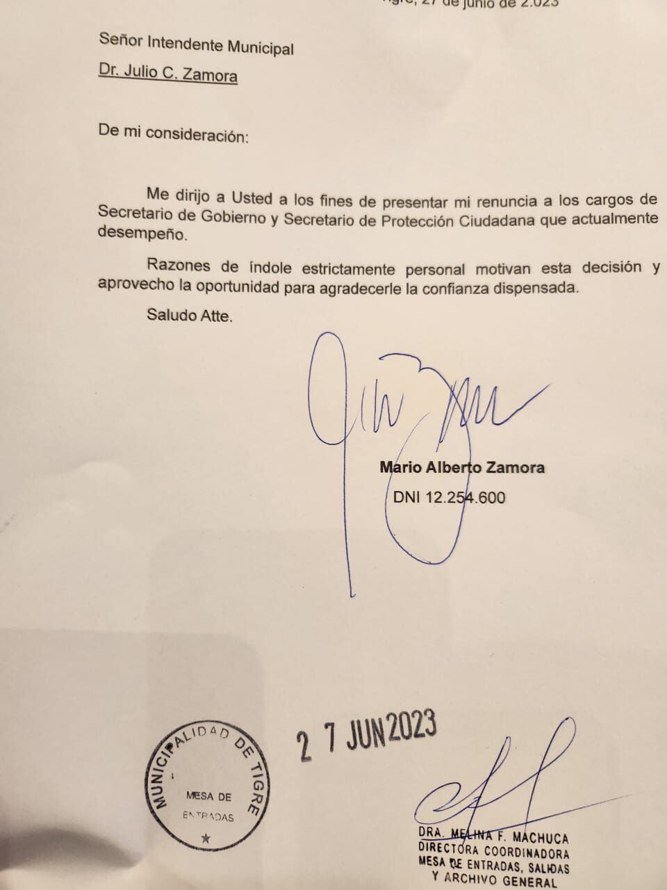 Carta de renuncia del hermano de Julio Zamora, intendente de Tigre