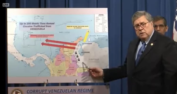 El fiscal general, William Barr, y un mapa sobre el narcotráfico