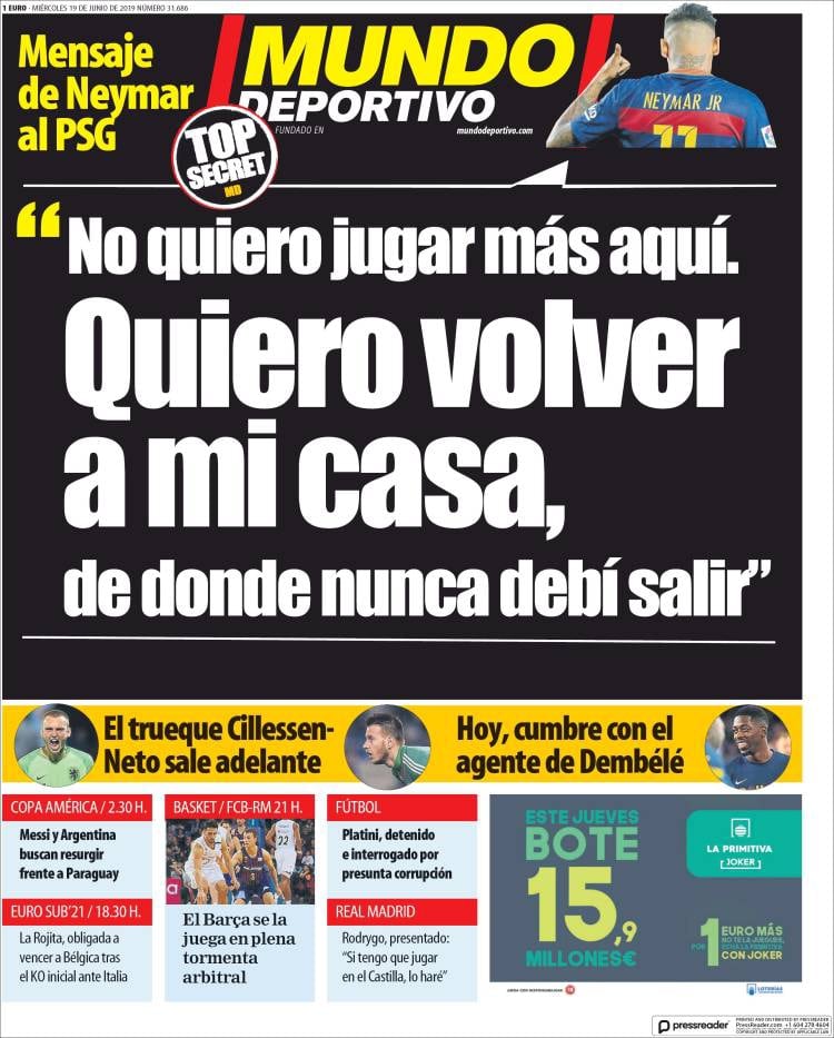 La tapa de Mundo Deportivo con el deseo de Neymar de alejarse del PSG para regresar al Barcelona