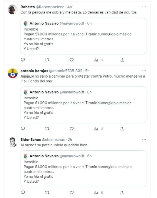 Comentarios en contra de Antonio Navarro, exsenador, por comentario sobre submarino Titan