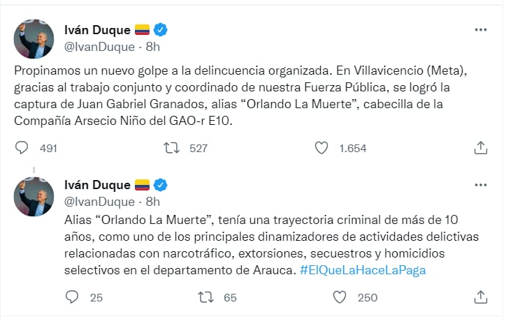 Iván Duque confirma la captura de alias 'Orlando La Muerte'.
Captura de pantalla.