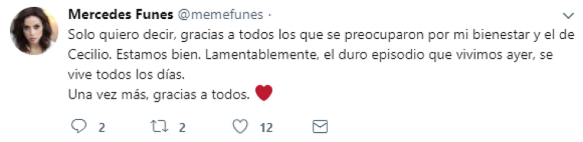 El tuit de Mercedes Funes tras el violento robo