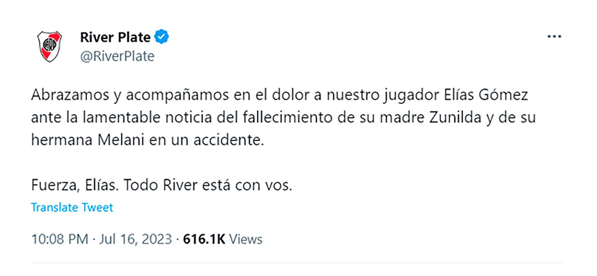 Tuit de River, sobre la muerte de los familiares de Elías Gómez.