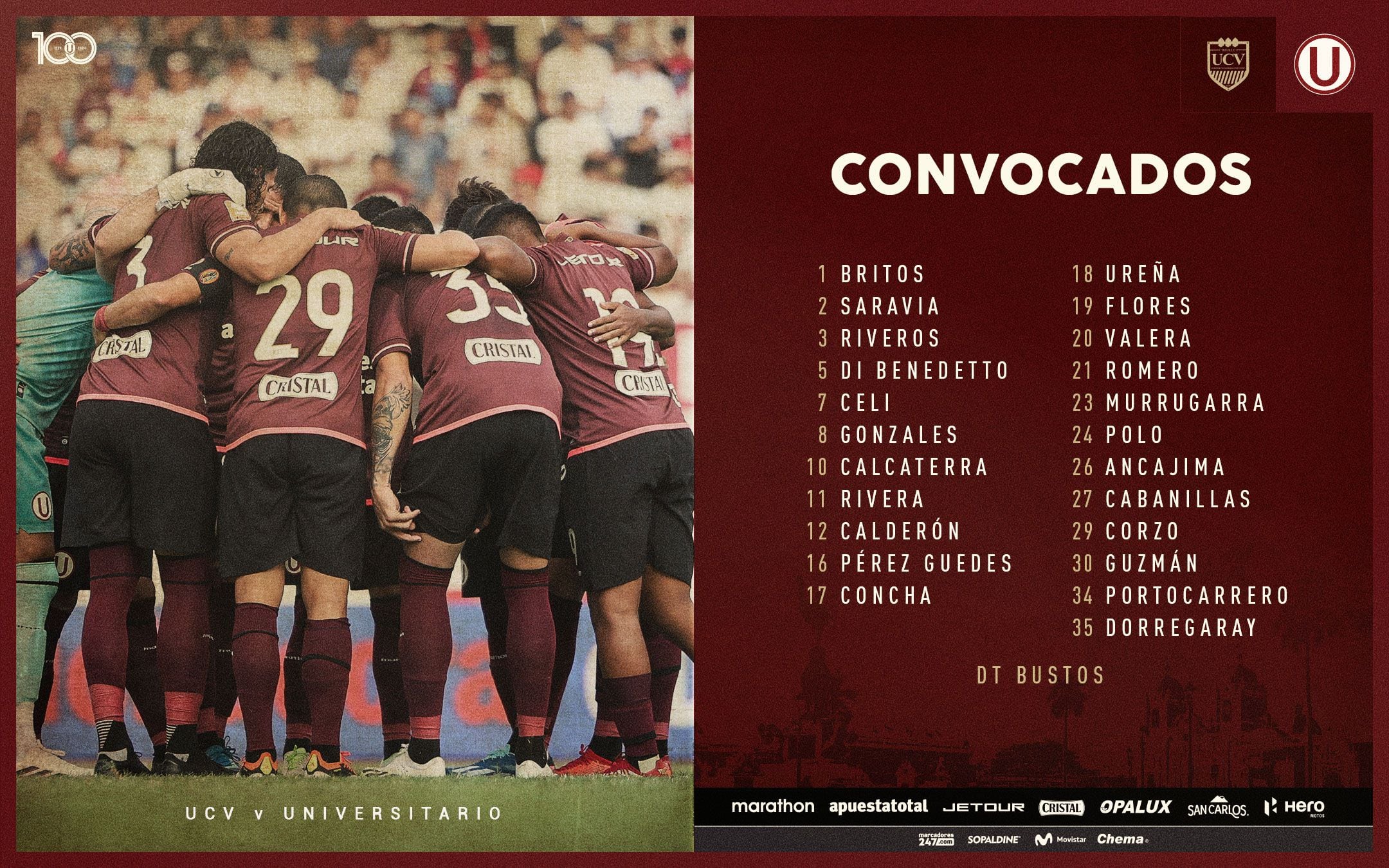 Lista de convocados de Universitario para enfrentar a César Vallejo por la fecha 9 del Torneo Apertura.