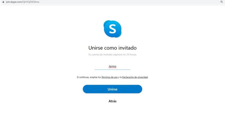 Si el destinatario no tiene Skype podrá optar por la opción 