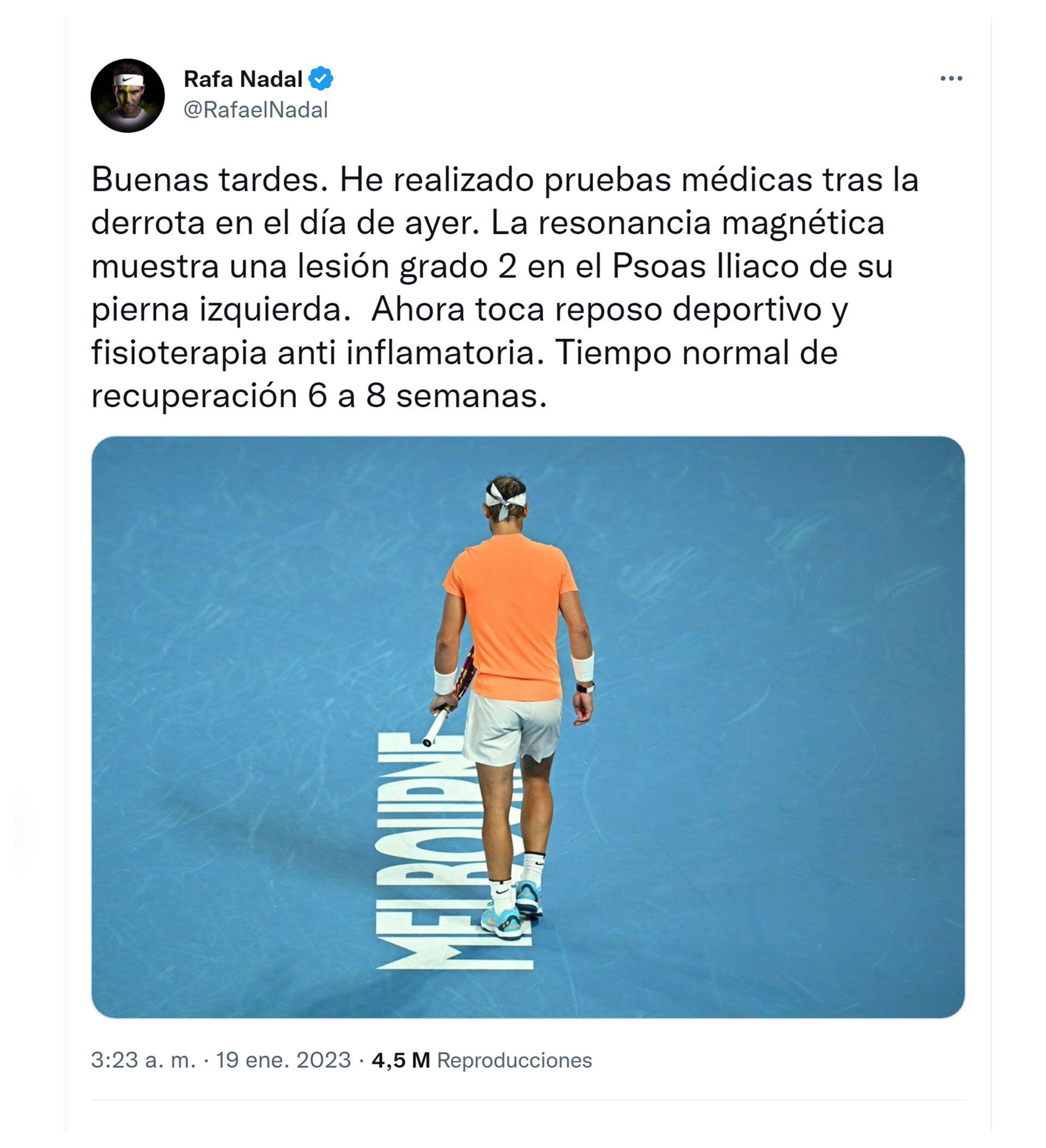 Posteo de Rafael Nadal sobre su lesión