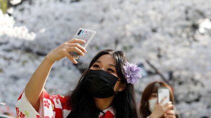 A kimono-clad woman wearing a protective face mask amid the coronavirus disease (COVID-19) pandemic takes a selfie among blooming cherry blossoms at Ueno Park in Tokyo, Japan, March 27, 2021.REUTERS/Kim Kyung-Hoon