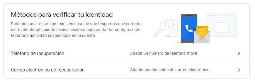 El número de teléfono y un correo electrónico alternativo pueden ser útiles para recuperar la cuenta. Foto: Captura Google