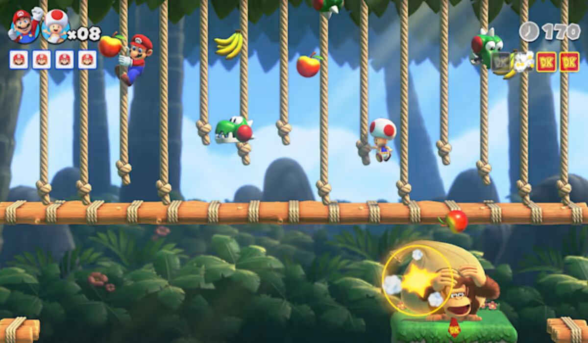 Un segundo jugador puede unirse a la diversión como Toad y al final de cada mundo habrá un enfrentamiento con Donkey Kong. (Nintendo)