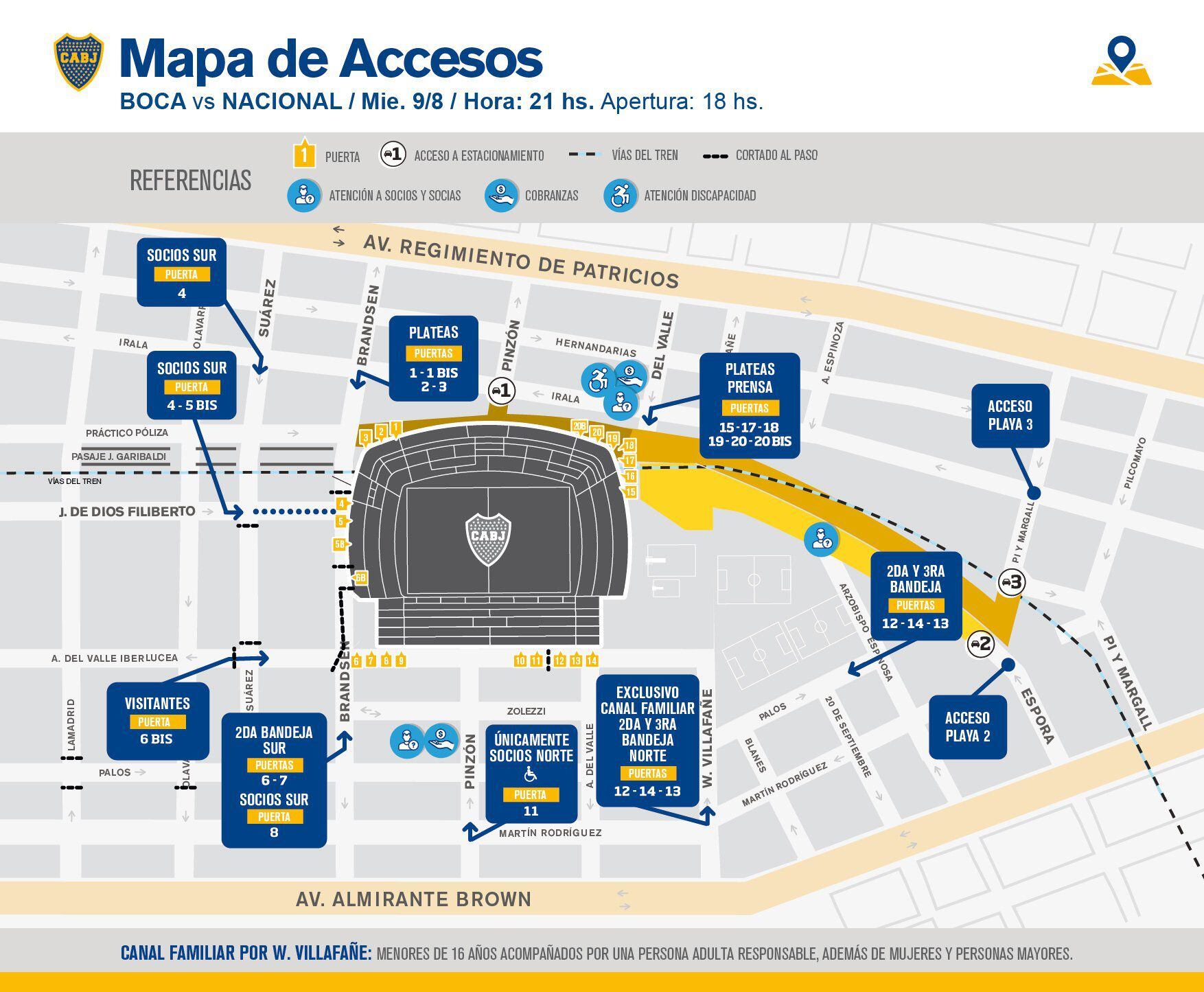 El mapa de acceso a La Bombonera para el partido entre Boca Juniors y Nacional (Prensa Boca)
