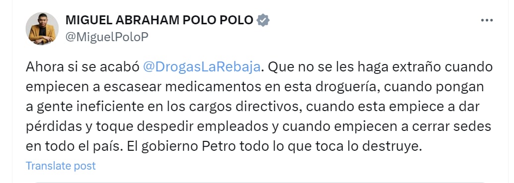 El congresista Miguel Polo Polo arremetió contra el Gobierno de Gustavo Petro por toma de Copservir - crédito @MiguelPoloP/X