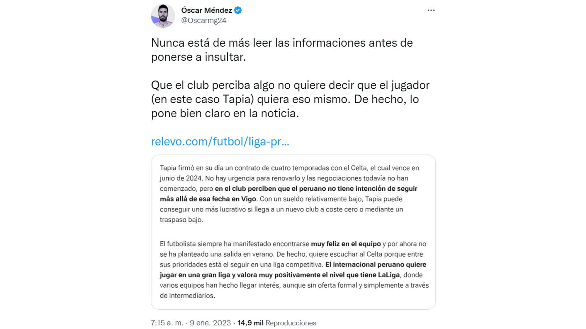 Periodista español habló de la situación de Renato Tapia con Celta de Vigo.