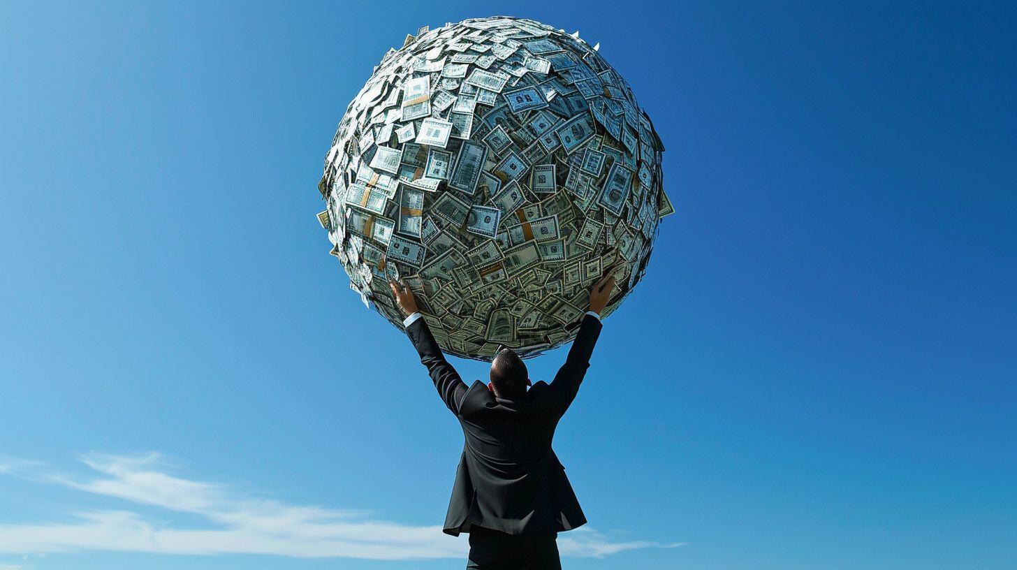 un empresario sostiene una bola de billetes americanos ante el cielo - (Imagen Ilustrativa Infobae)