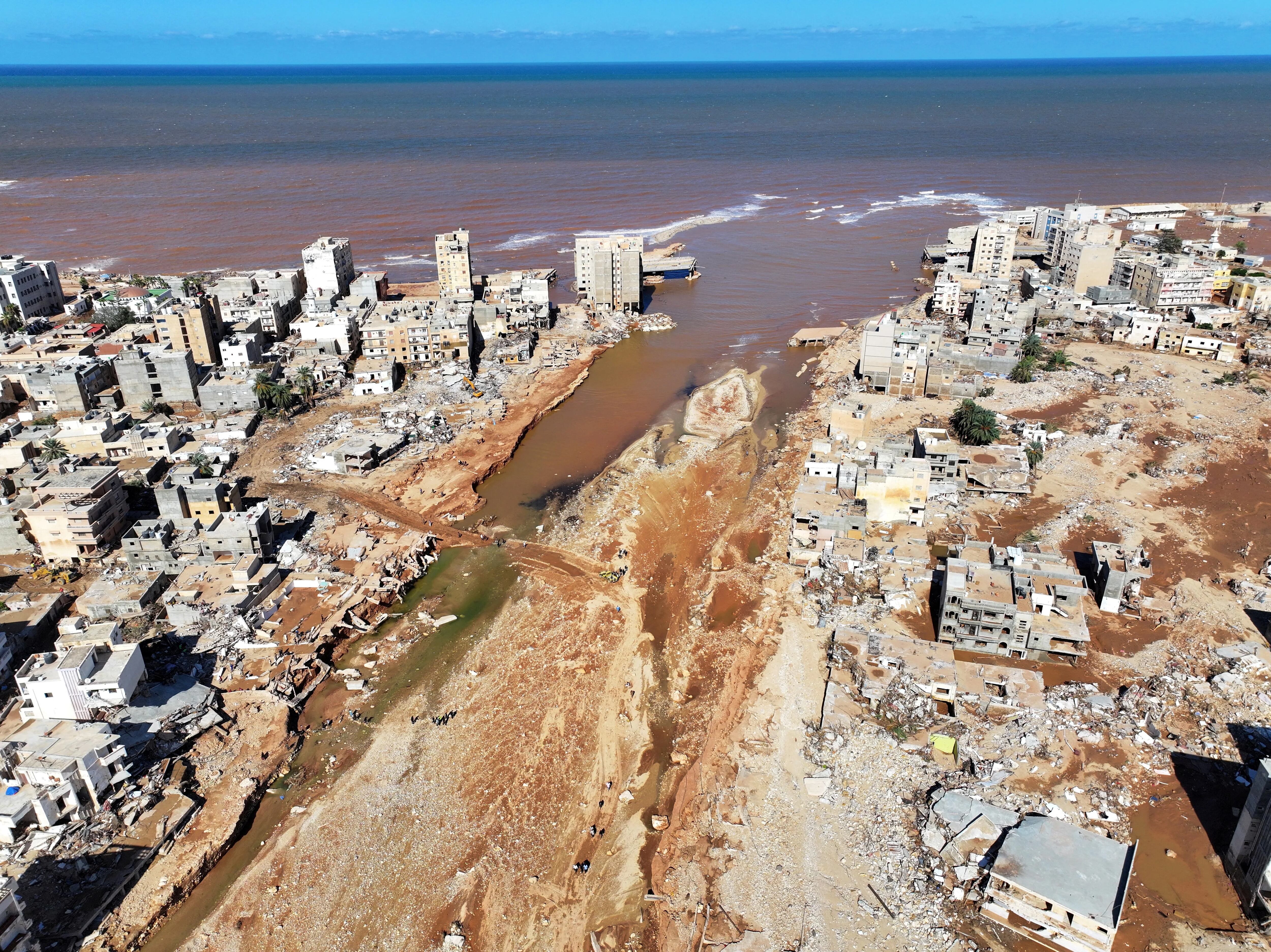 FILE PHOTO: A view shows the damaged areas, in the aftermath of the floods in Derna, Libya, September 13, 2023, in this picture obtained from social media. Marwan Alfaituri/via REUTERS  THIS IMAGE HAS BEEN SUPPLIED BY A THIRD PARTY. MANDATORY CREDIT/File Photo