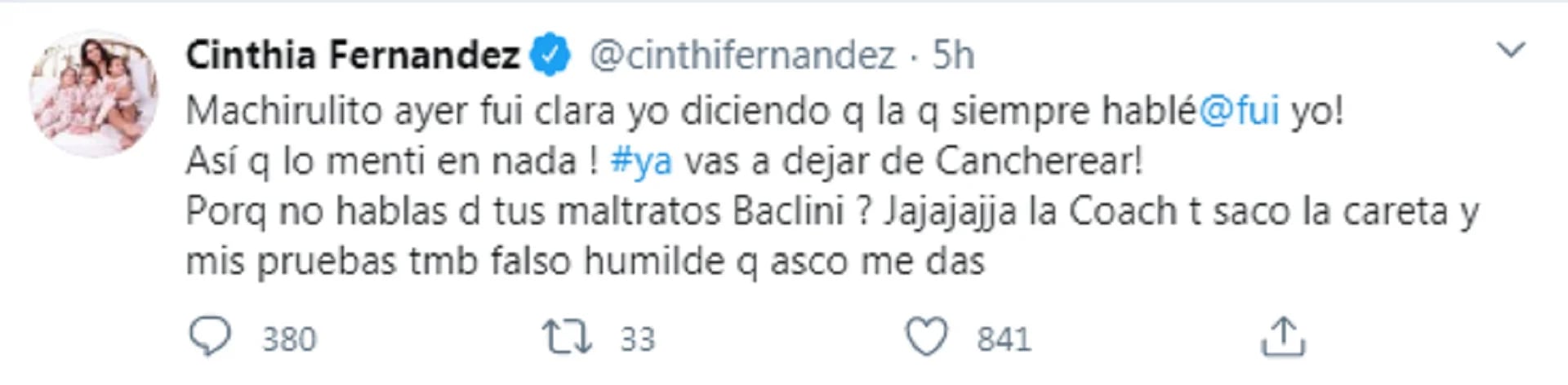 El tuit de Cinthia Fernández