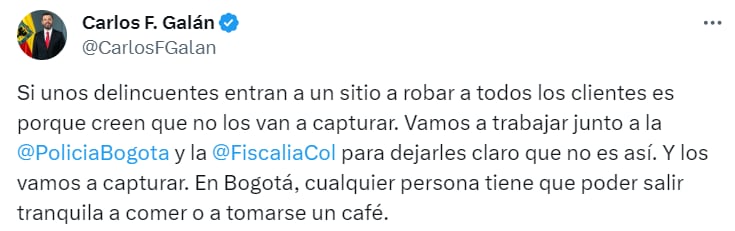 El alcalde de Bogotá, Carlos Fernando Galán se pronunció por el robo masivo en la panadería Massa- crédito Carlos Fernando Galán / X