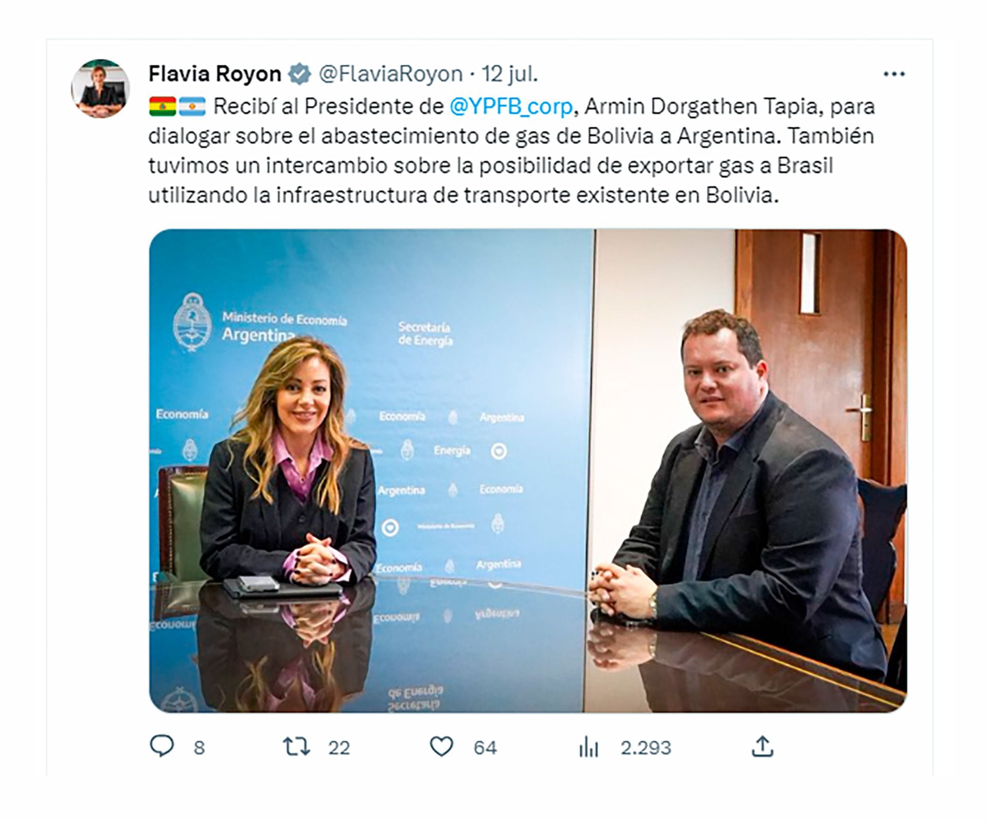 El 12 de julio pasado la secretaria de Energía, Flavia Royón, recibió al titular de YPFB, Armin Dorgathen. Tuiteó sobre la posibilidad de exportar gas a Brasil vía gasoductos bolivianos, pero en el país trasandino ya hay oposición a esa posibilidad