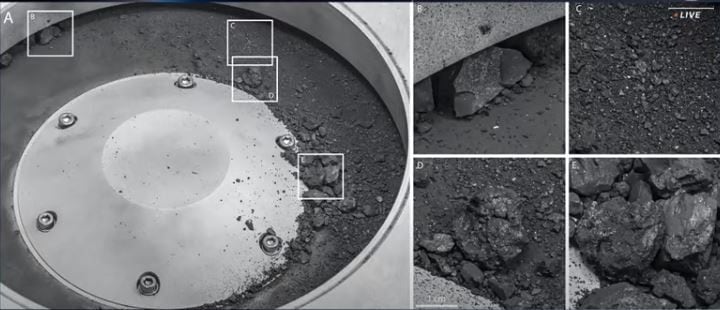 Distintos tamaños de muestras del cuerpo celeste fueron aspiradas por OSIRIS-REx en 2020 (NASA)