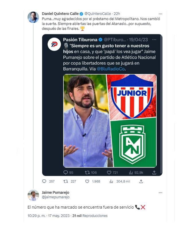 Los alcaldes Quintero y Pumarejo intercambiaron mensajes a propósito de la eliminación del Junior del torneo de la Liga BetPlay. Twitter.
