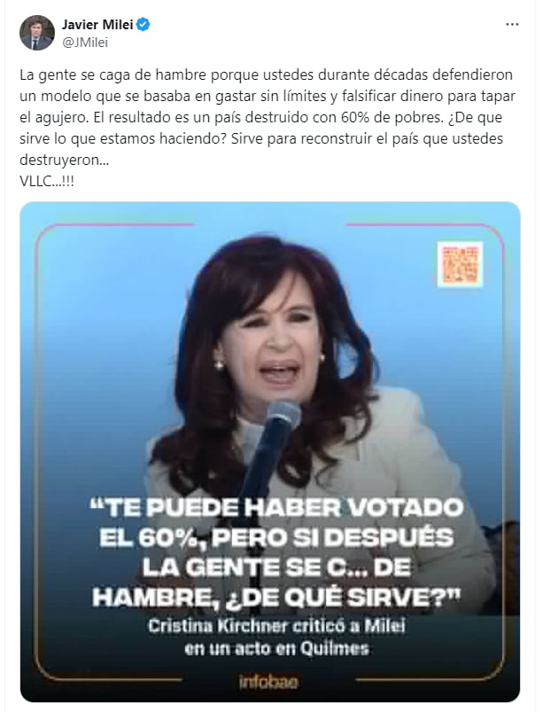 Javier Milei le respondió a Cristina Kirchner
