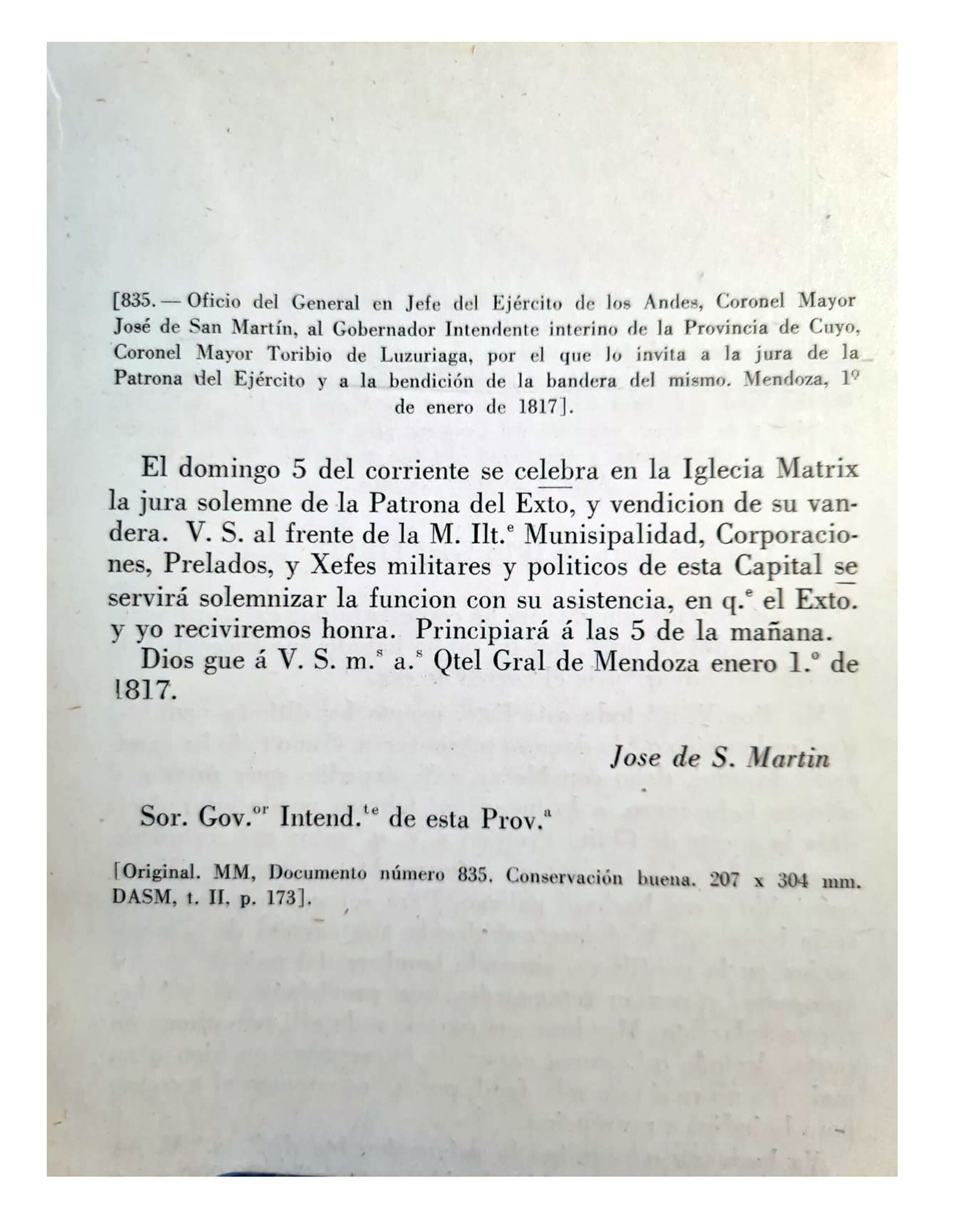 Carta de San Martín Virgen Generala
