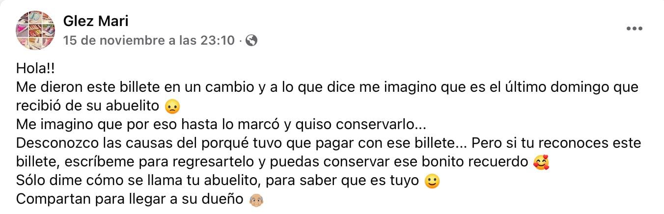 Glez Mari, la cuenta de facebook que busca al dueño del billete de 50 pesos que dice "Último domingo del abuelo" (Foto: Facebook/Glez Mari)