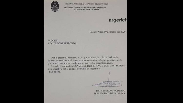 La carta enviada por el médico del Argerich a las autoridades