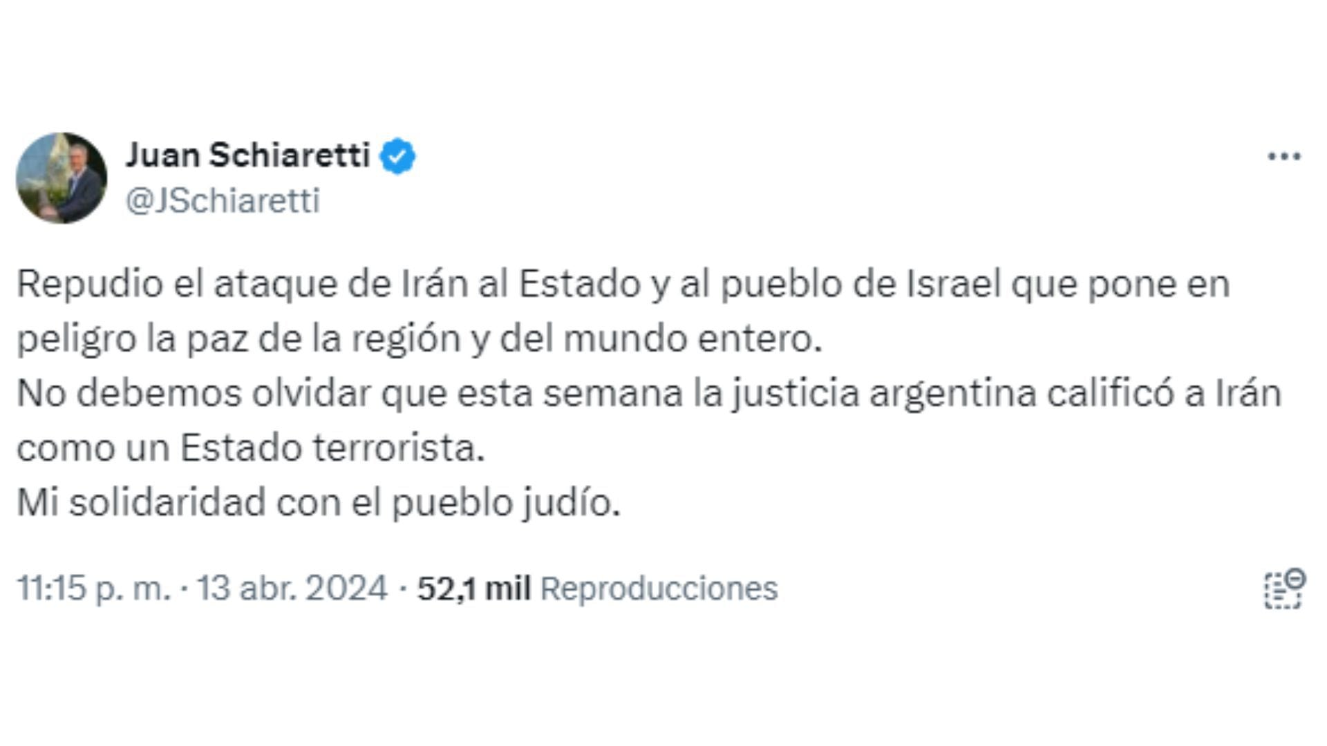 Tweet de Juan Schiaretti  sobre el ataque de Irán a Israel