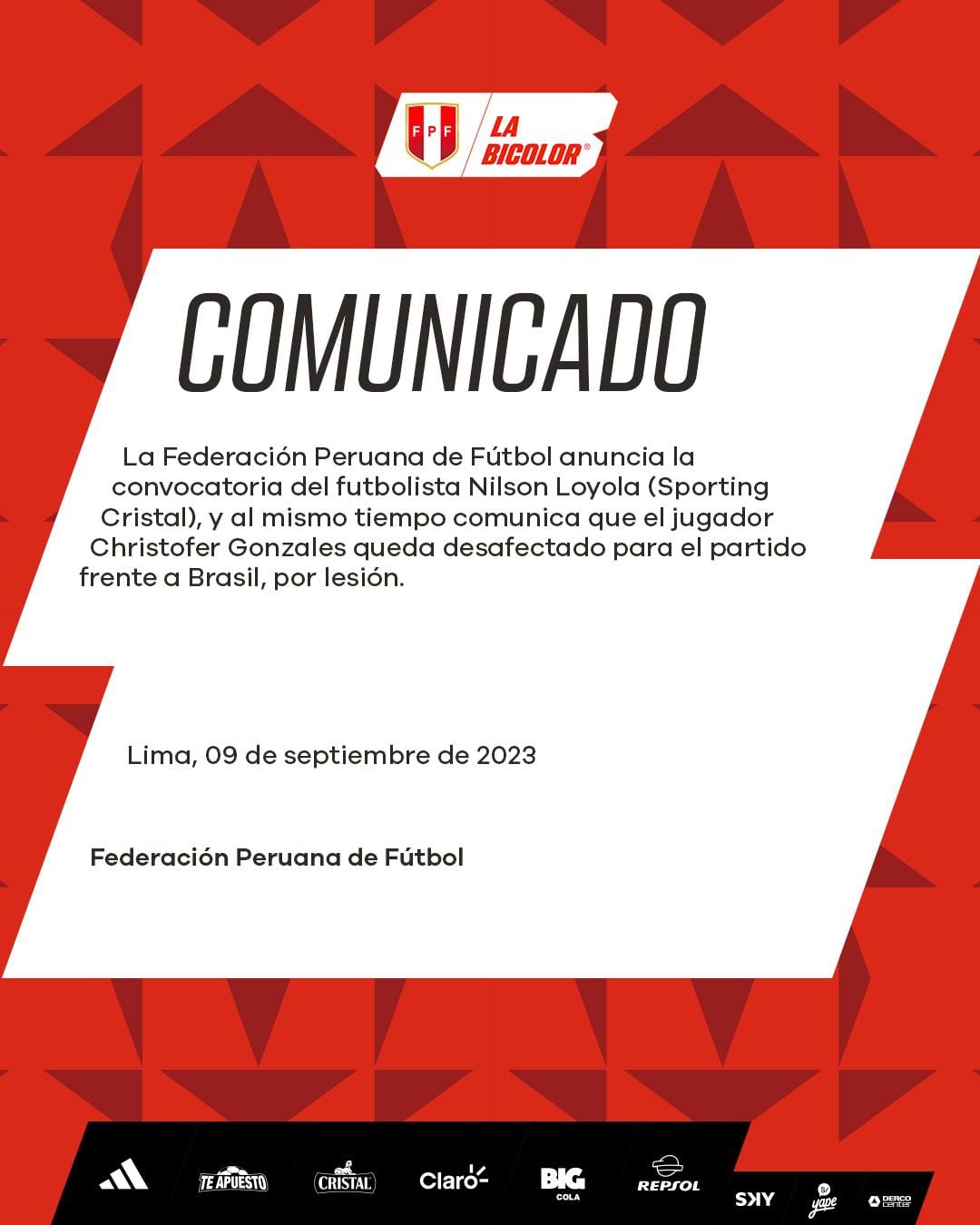 Comunicado de la Federación Peruana de Fútbol confirmando la convocatoria de Nilson Loyola.