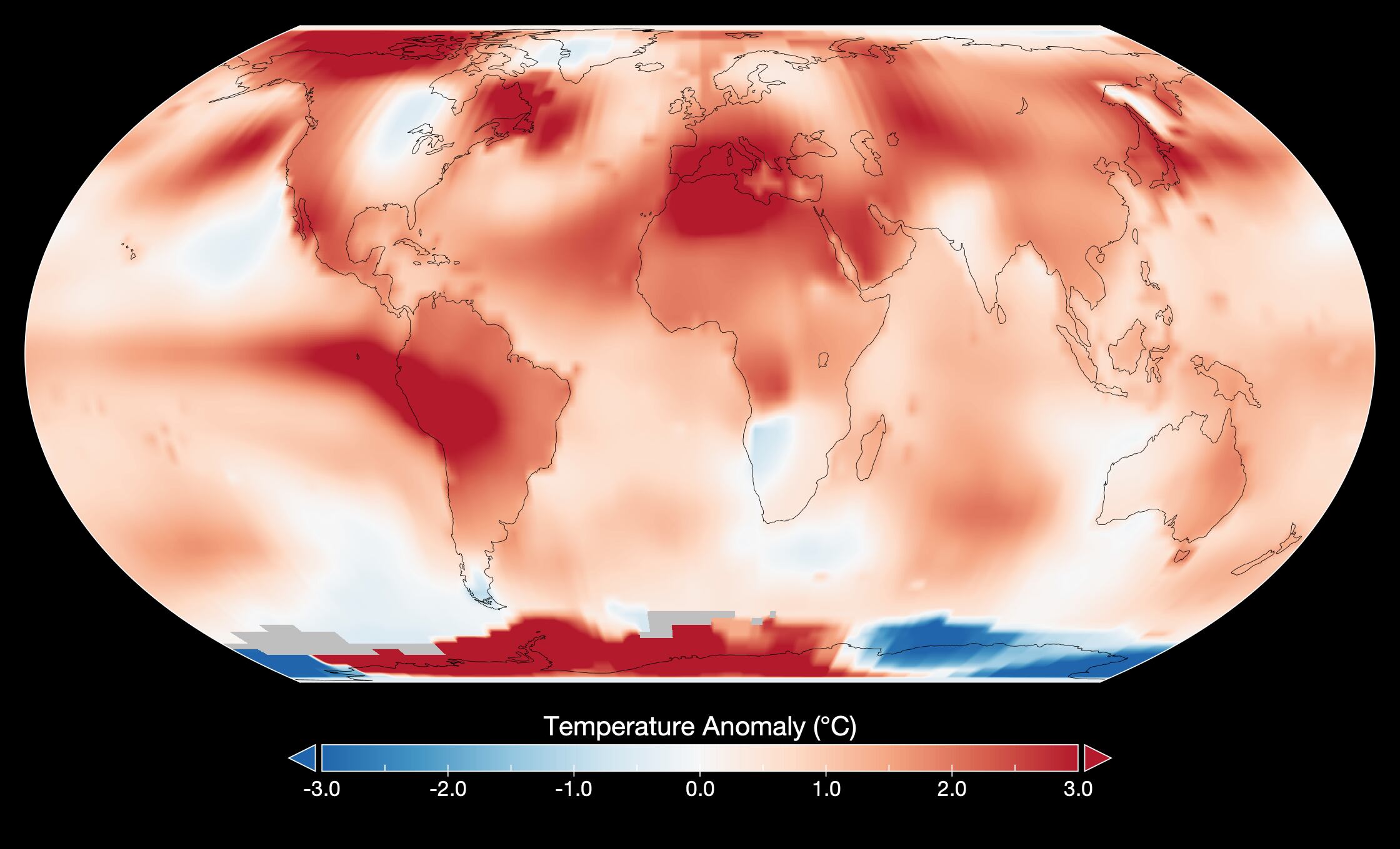 Este mapa muestra las anomalías globales de temperatura para julio de 2023 según el análisis GISTEMP realizado por científicos del Instituto Goddard de Estudios Espaciales de la NASA. Las anomalías de temperatura reflejan la comparación de julio de 2023 con la temperatura media de julio entre 1951 y 1980 (Instituto Goddard de Estudios Espaciales de la NASA)